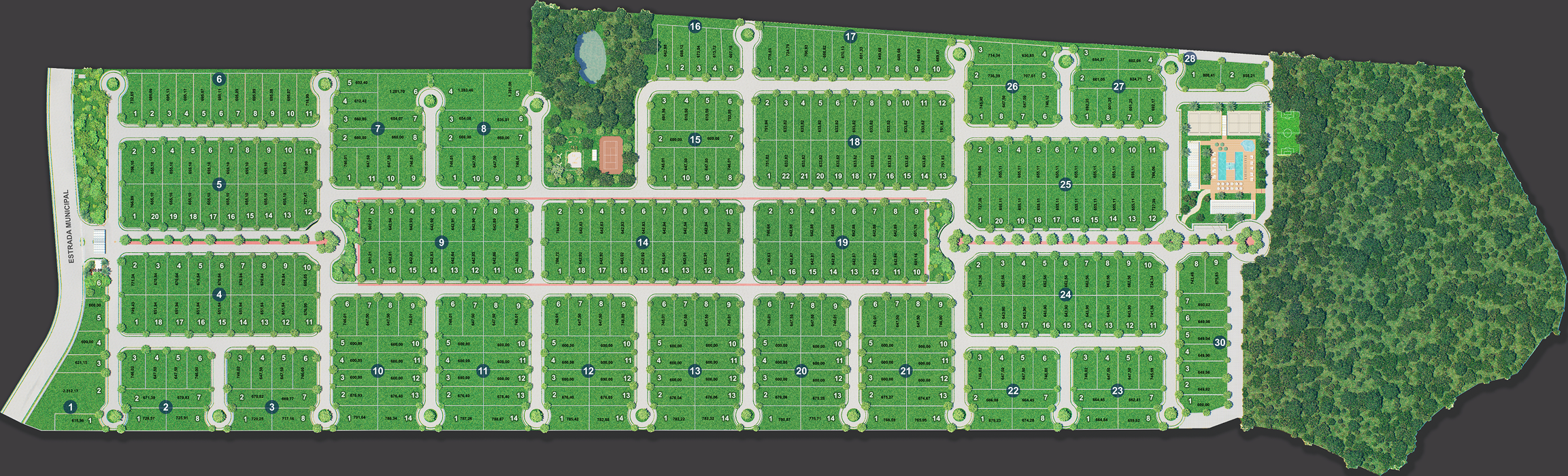 Masterplan do condomínio com lotes disponíveis