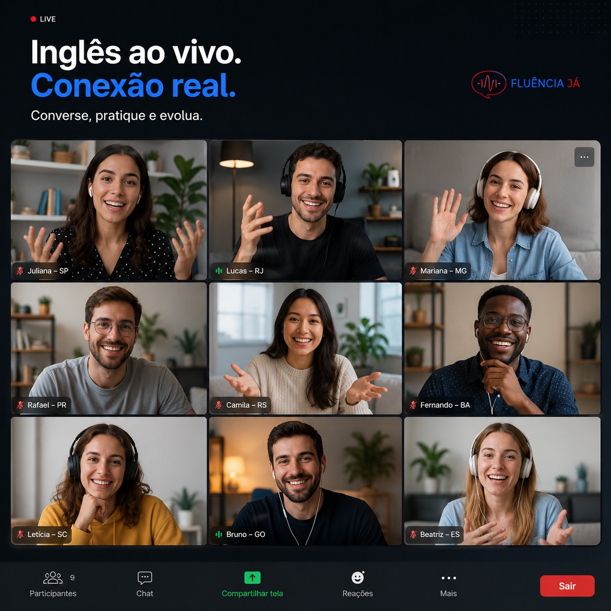 Turma de alunos do Fluência Já em aula ao vivo via Zoom
